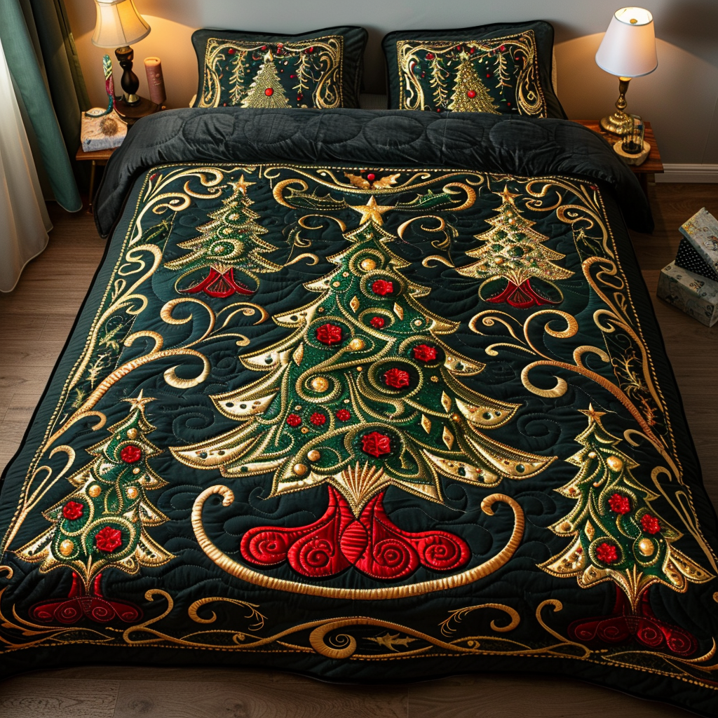 Merry Evergreen Glow Quilted Bedding Set Lightweight Quilt Set New Home Gift