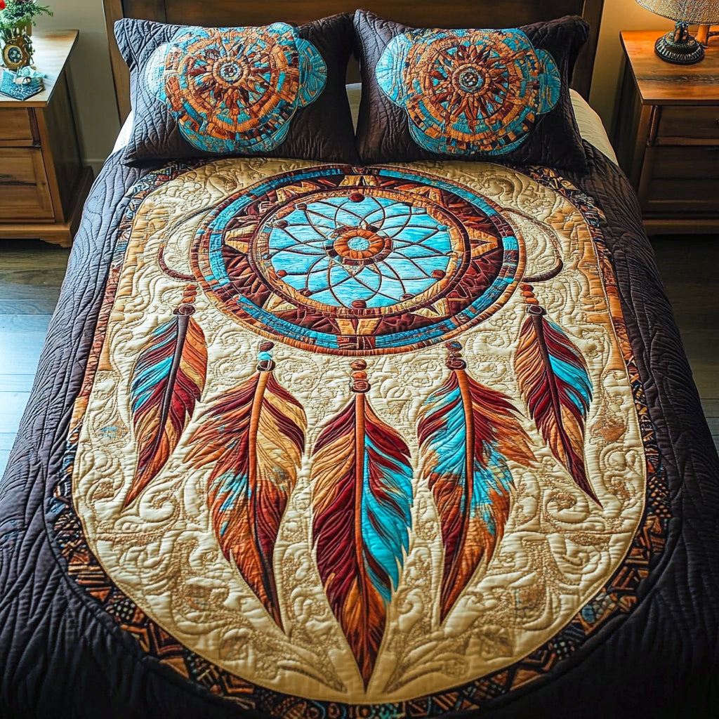 Midnight Dreamcatcher 3-Piece Quilted Bedding Set Quilted Bedspread Pet Lover Gift Fall Decor Gift