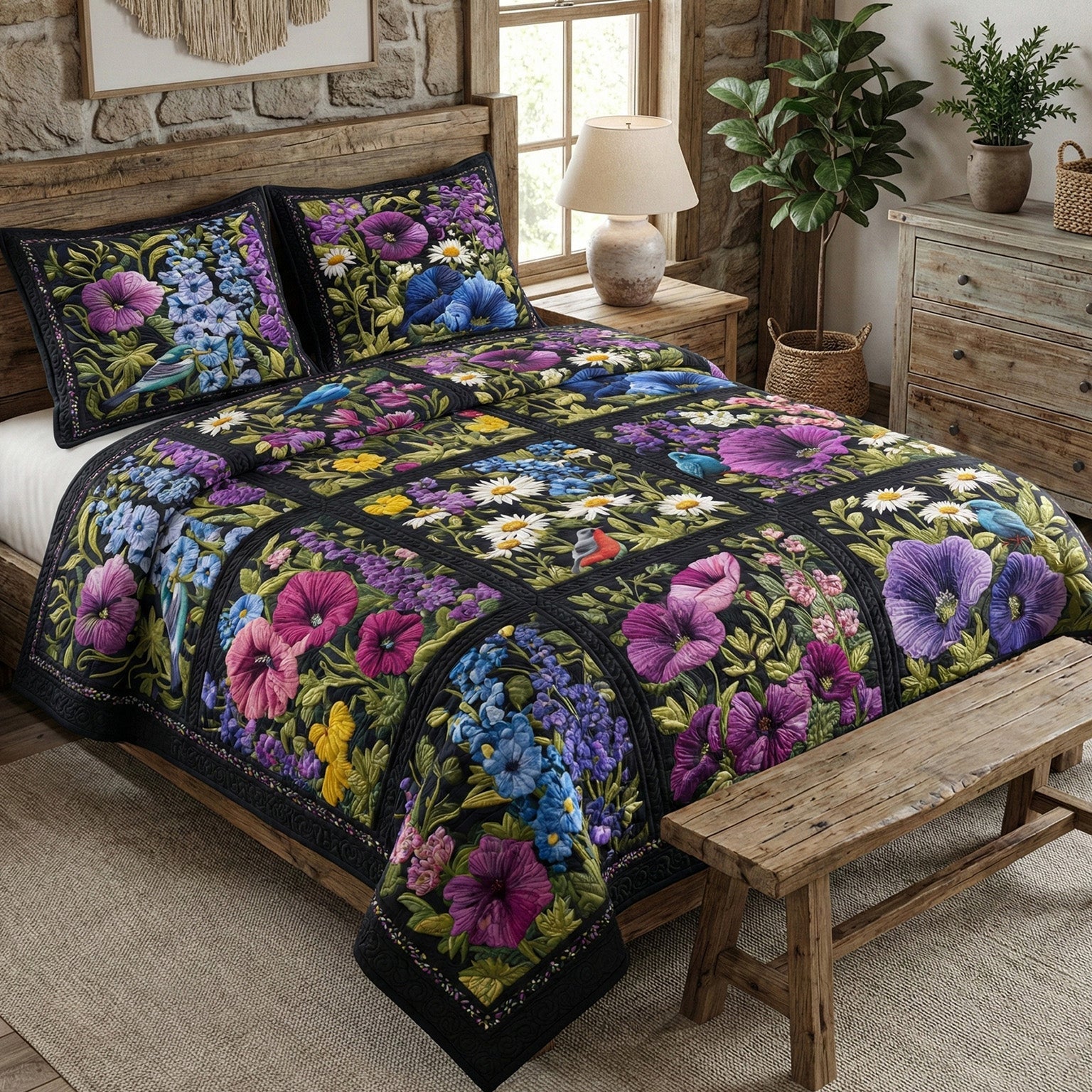 Midnight Garden Bloom Quilted Bedding Set Bedspread Set Nature Lover Gift Fall Decor Gift