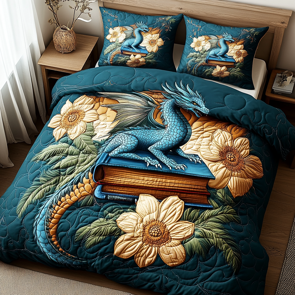 Midnight Petal Dragon 3-Piece Quilted Bedding Set Bedspread Set Nature Lover Gift Fall Decor Gift