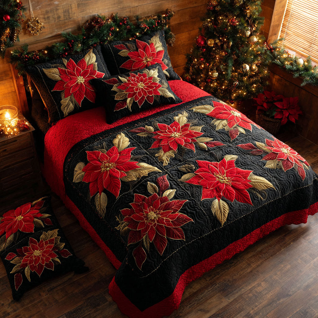 Midnight Poinsettia 3-Piece Quilted Bedding Set Quilted Bedspread New Home Gift