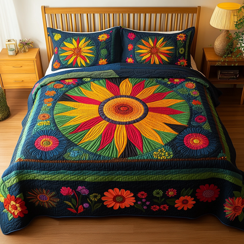 Midnight Sunflower Bliss Quilted Bedding Set Fall Quilt Sets Nature Lover Gift Fall Decor Gift