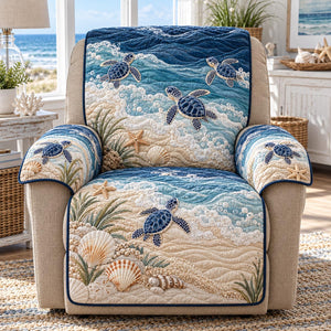 Midnight Sea Turtle Reef Quilted Couch Cover, Coastal Beach Sofa Cover For Recliner
