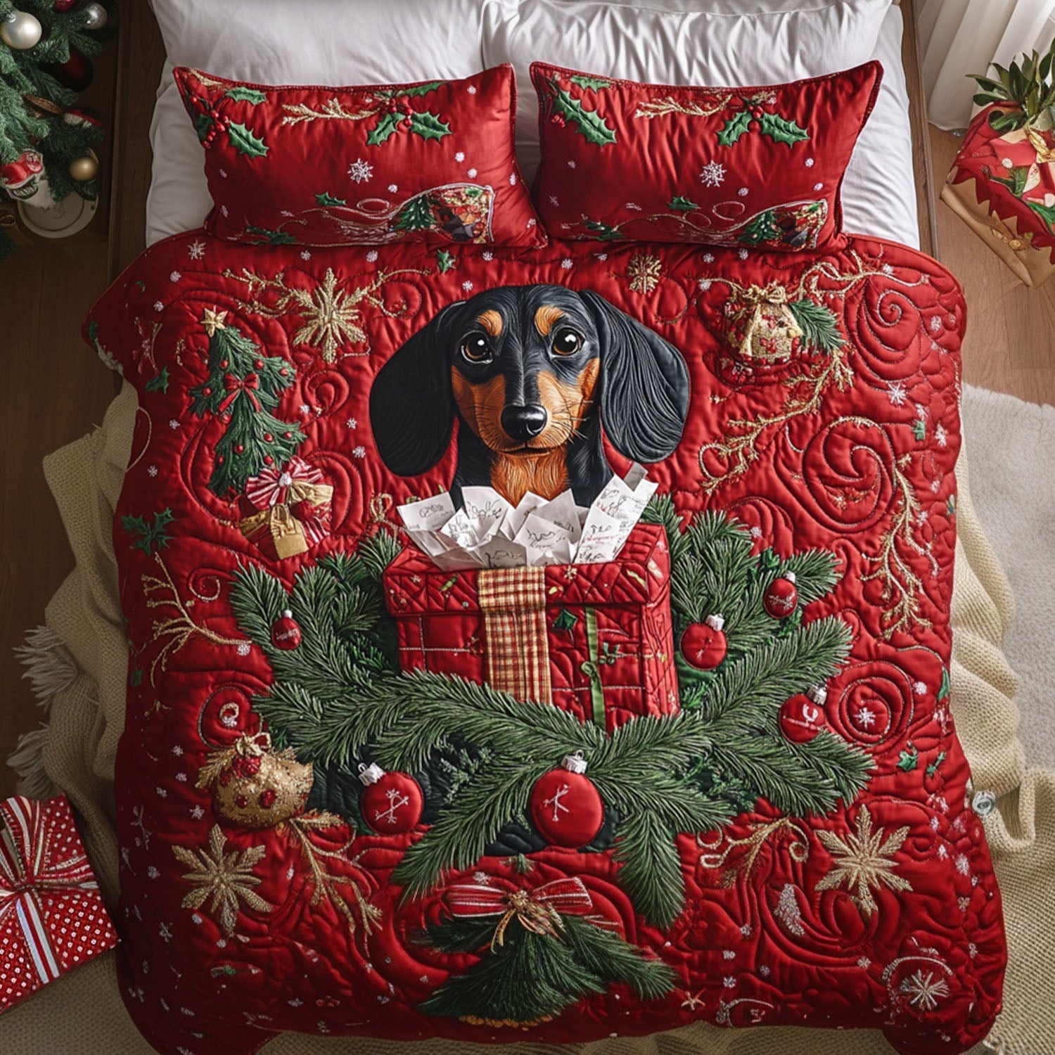 Mistletoe Dachshund 3-Piece Quilted Bedding Set Bedspread Set Thanksgiving Gift