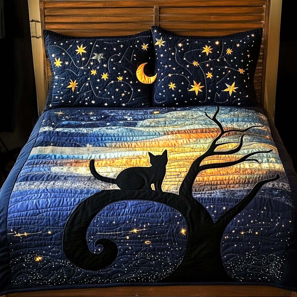 Moonlit Black Cat 3-Piece Quilted Bedding Set Quilted Bedspread Pet Lover Gift Fall Decor Gift