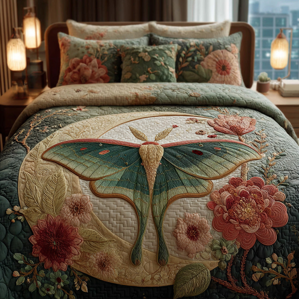 Moonlit Luna Moth Quilted Bedding Set Lightweight Quilt Set Thanksgiving Gift