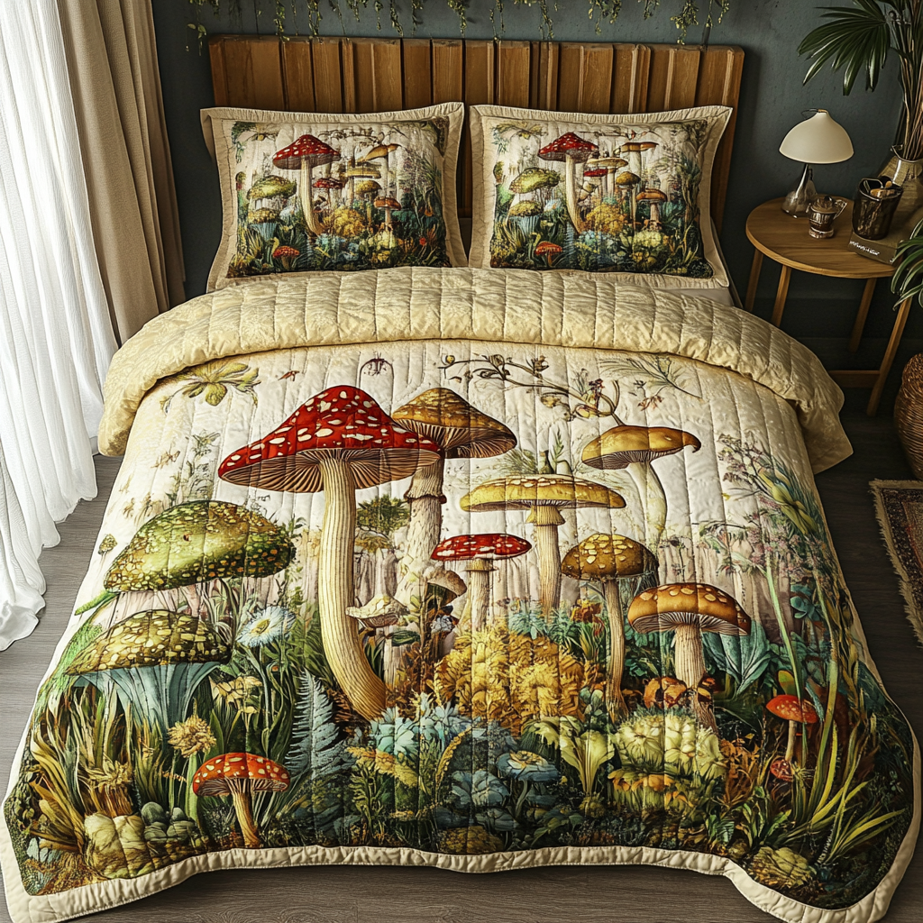 Mushroom Dreams 3-Piece Quilted Bedding Set Fall Quilt Sets Thanksgiving Gift