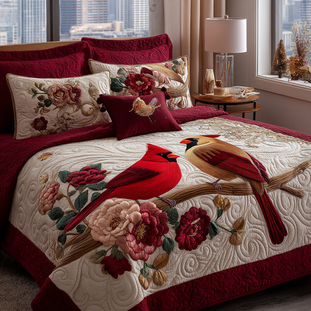 Nature Cardinals 3-Piece Quilted Bedding Set Quilted Bedspread Nature Lover Gift Fall Decor Gift