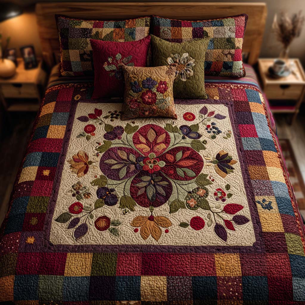 Old World Folk Quilted Bedding Set Fall Quilt Sets Thanksgiving Gift