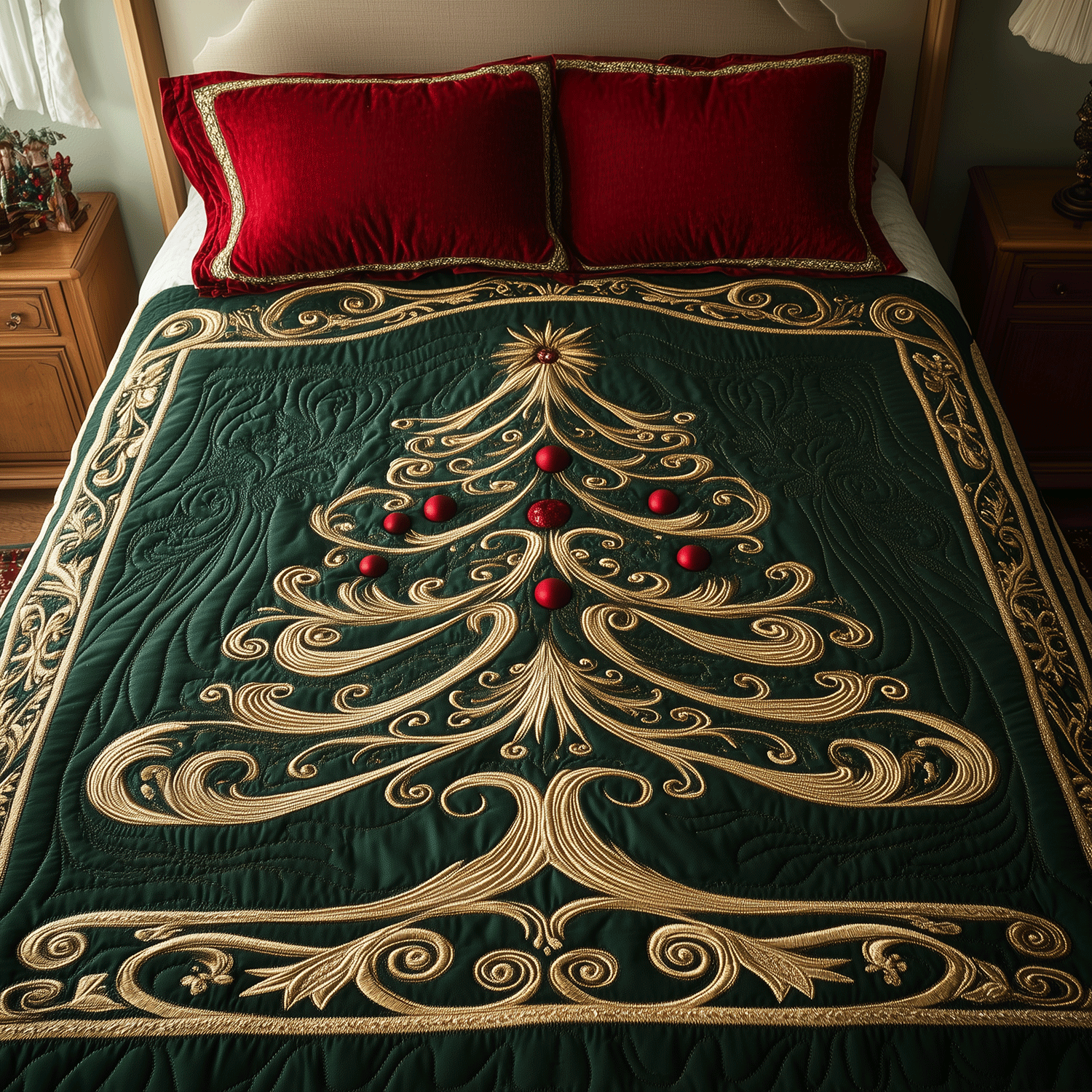 Opulent Christmas Tree 3-Piece Quilted Bedding Set Quilted Bedspread Christmas Gift For Her