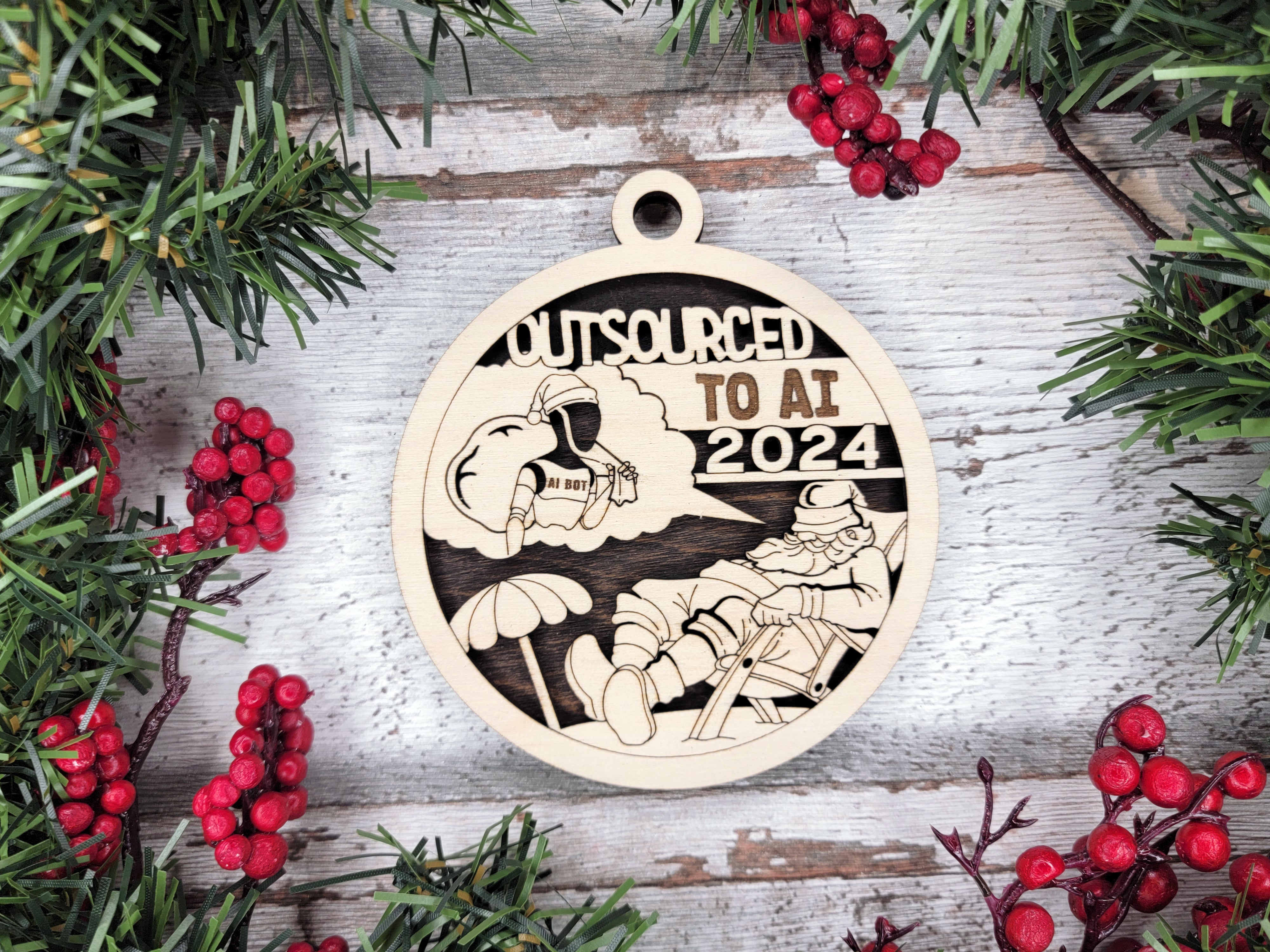 Outsourced Τo ΑΙ 2024 2-Layer Wooden Ornament, Year In Review Ornament, Funny Christmas Ornament