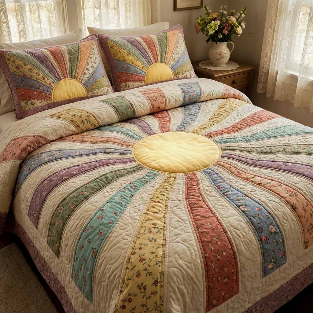 Pastel Sunrise 3-Piece Quilted Bedding Set Bedspread Set Nature Lover Gift Fall Decor Gift