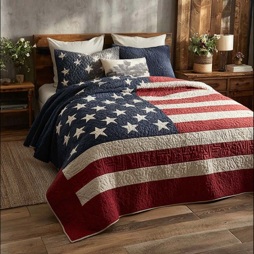 Patriotic Prairie Star 3-Piece Quilted Bedding Set Lightweight Quilt Set 4th Of July Gift