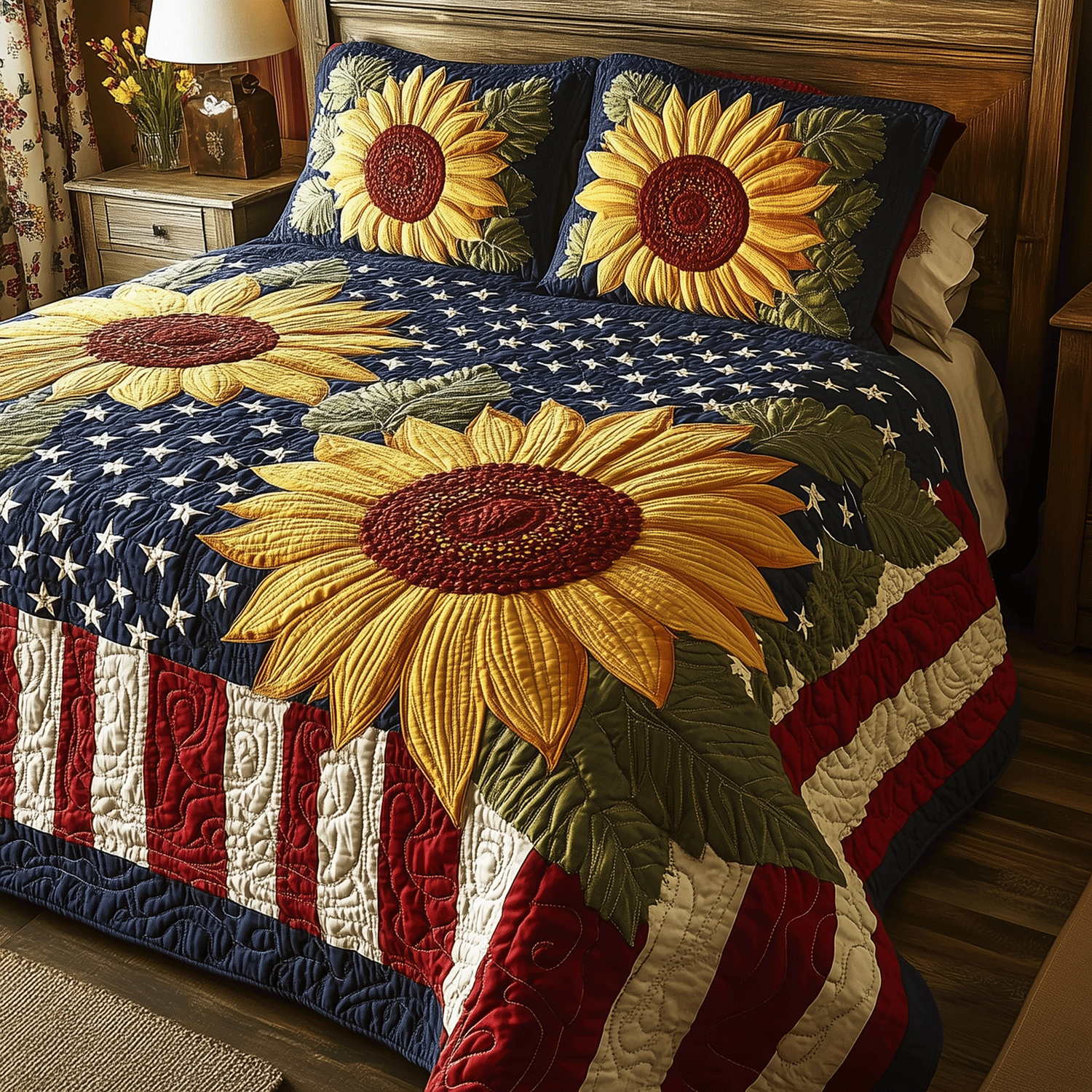 Patriotic Sunflower 3-Piece Quilted Bedding Set Quilted Bedspread Nature Lover Gift Fall Decor Gift