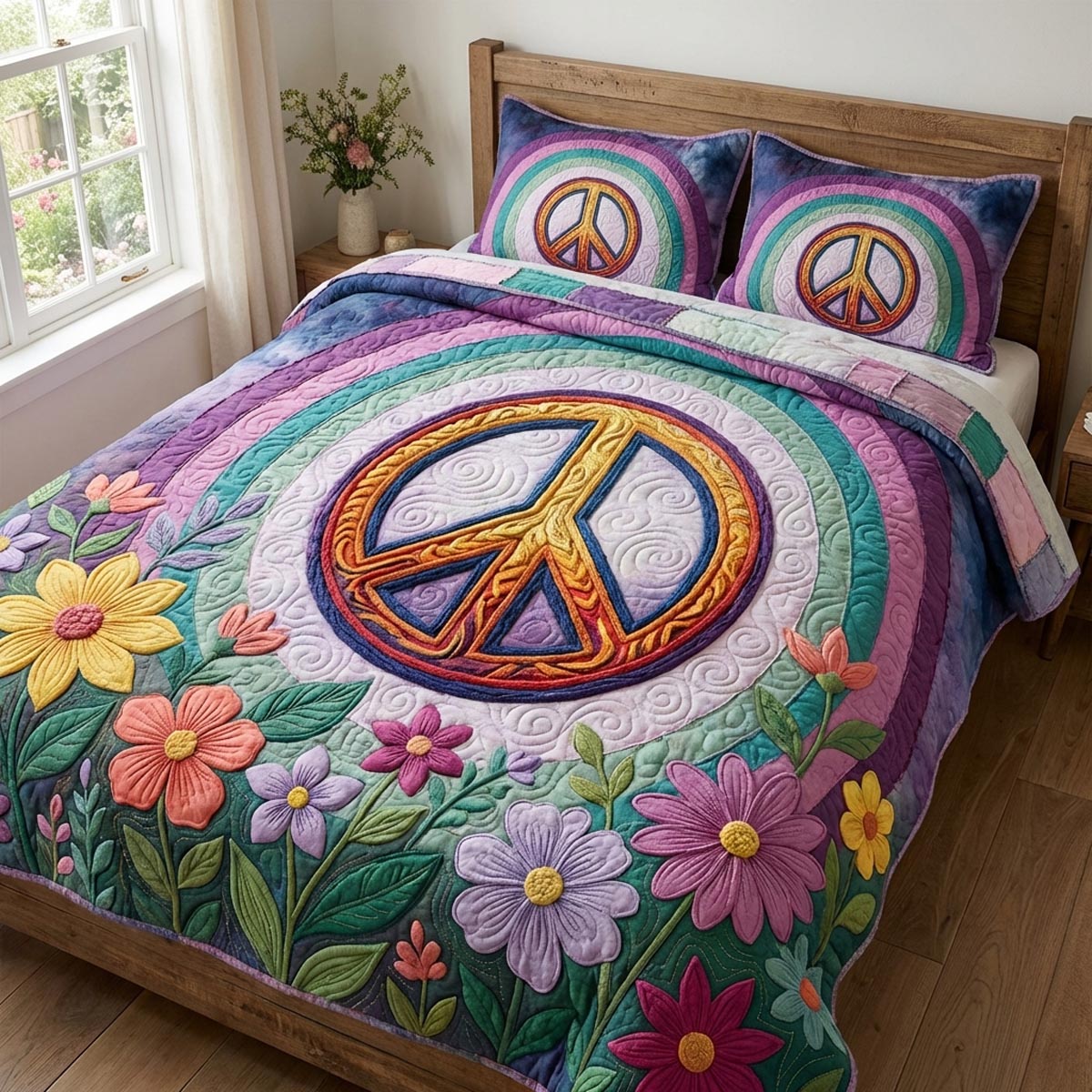 Peace Vibes Quilted Bedding Set Fall Quilt Sets Mothers Day Gift