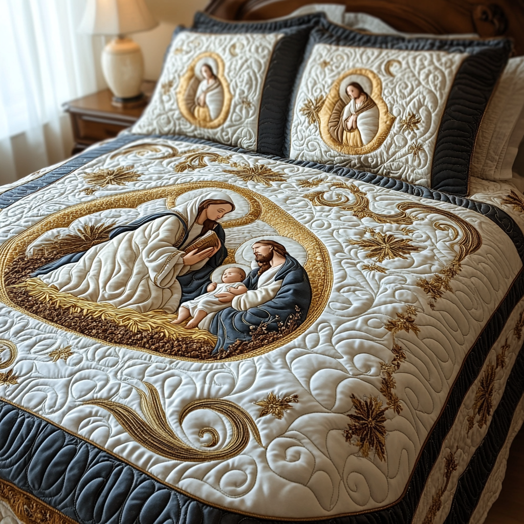 Peaceful Manger Moment Quilted Bedding Set Bedspread Set Housewarming Gift