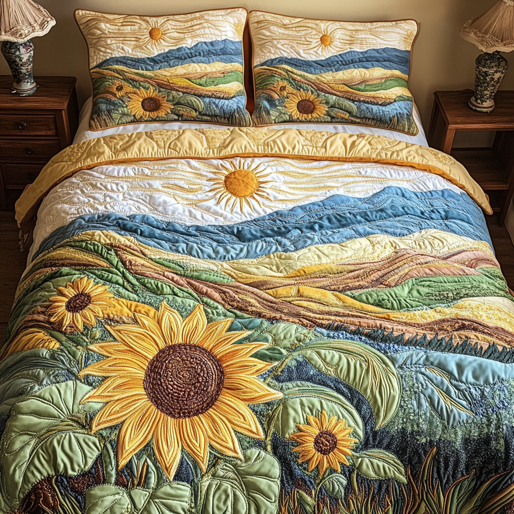 Peaceful Sunflowers Quilted Bedding Set Quilted Bedspread Nature Lover Gift Fall Decor Gift