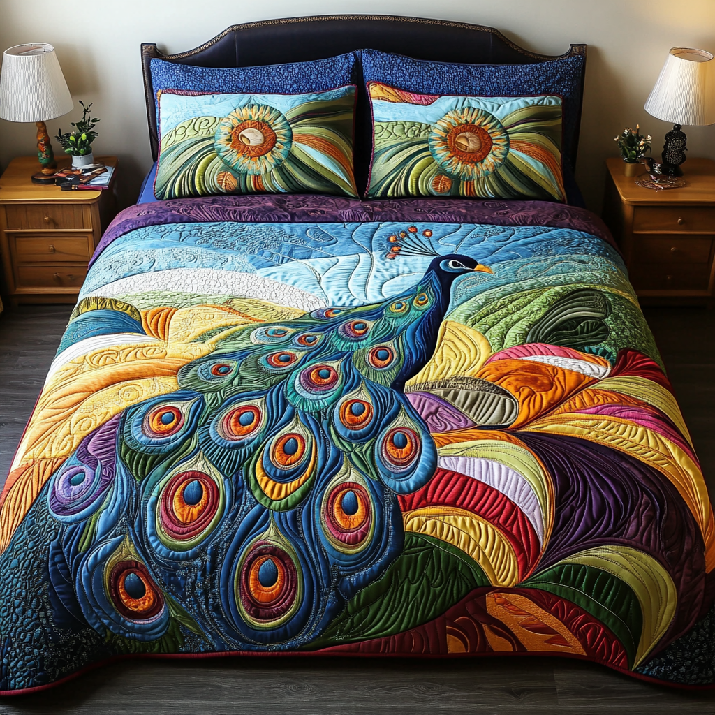 Peacock Vibes 3-Piece Quilted Bedding Set Fall Quilt Sets Mothers Day Gift