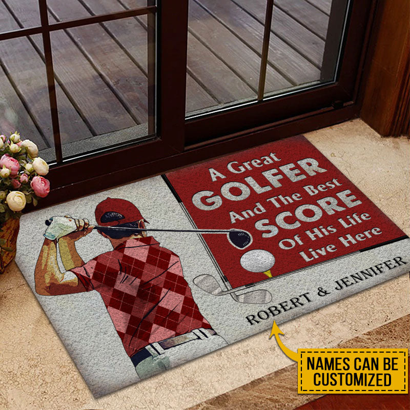 Custom Name Golfer Couple Red Doormat, Golf Home Decor, Custom Welcome Mats, Large Door Mats