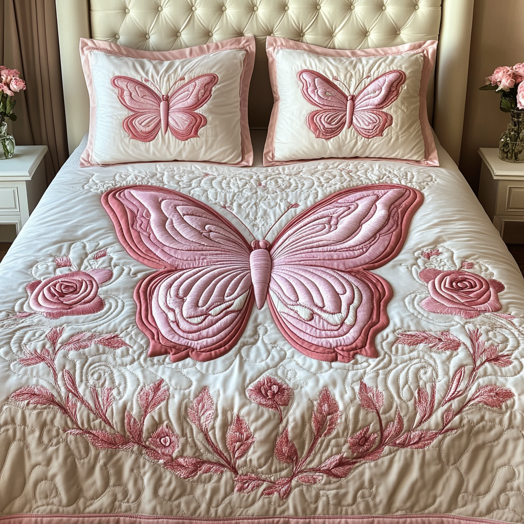 Pink Flutter 3-Piece Quilted Bedding Set Fall Quilt Sets Housewarming Gift