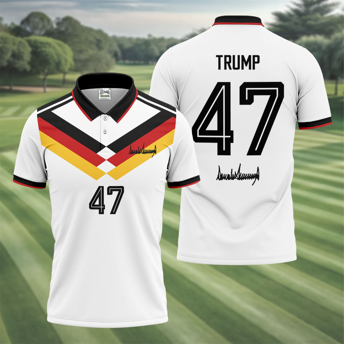 Trump 47 Men's Polo Shirt, German Flag Chevron Design, Gameday Soccer Shirt