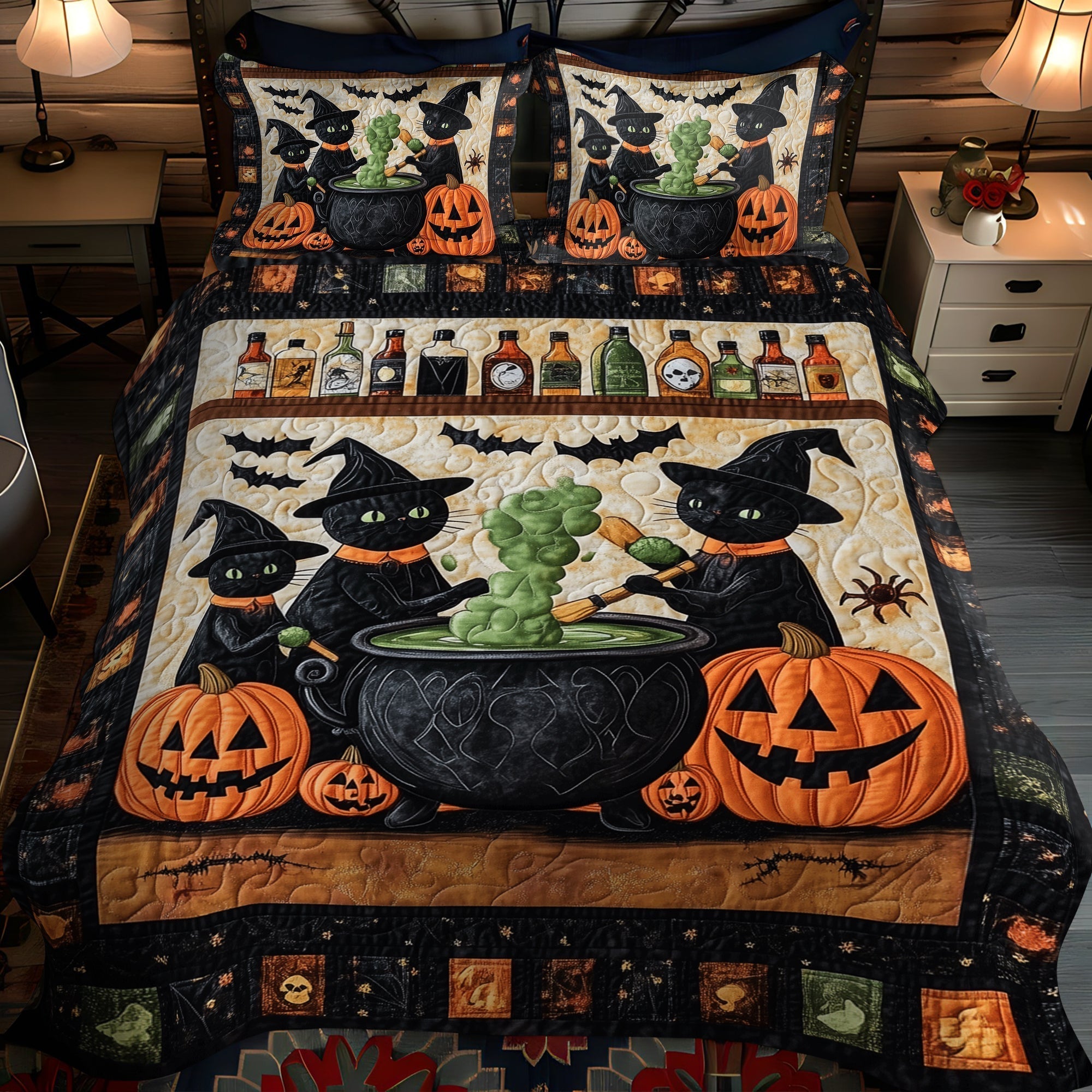 Potion Bubbles Cats 3-Piece Quilted Bedding Set Lightweight Quilt Set Pet Lover Gift Fall Decor Gift