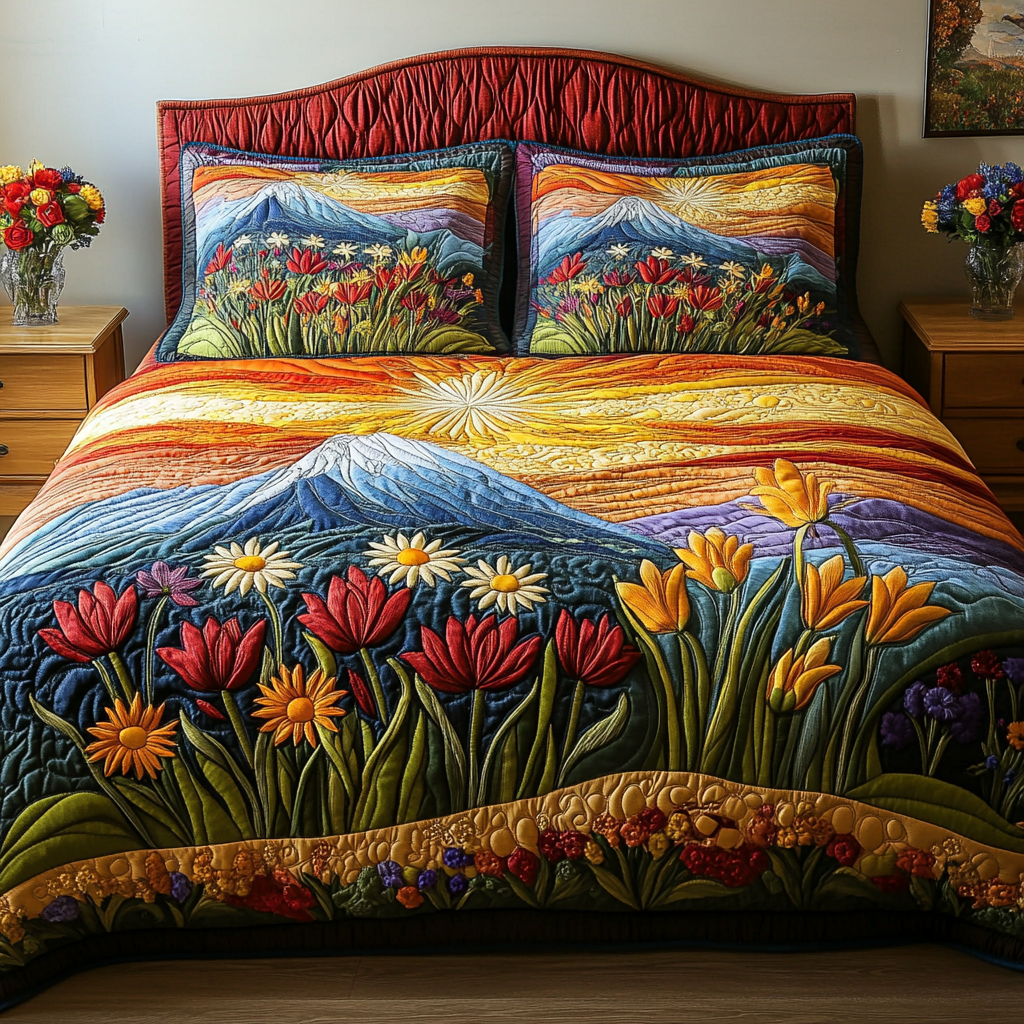 Radiant Garden 3-Piece Quilted Bedding Set Quilted Bedspread Nature Lover Gift Fall Decor Gift