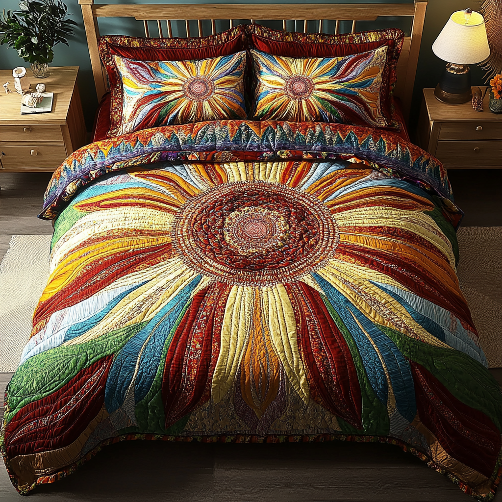 Rainbow Sunburst 3-Piece Quilted Bedding Set Lightweight Quilt Set Nature Lover Gift Fall Decor Gift