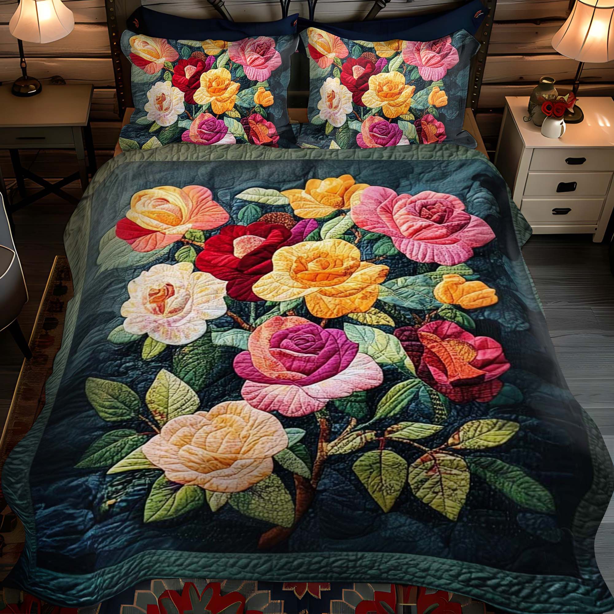 Rose Elegance 3-Piece Quilted Bedding Set Fall Quilt Sets Mothers Day Gift