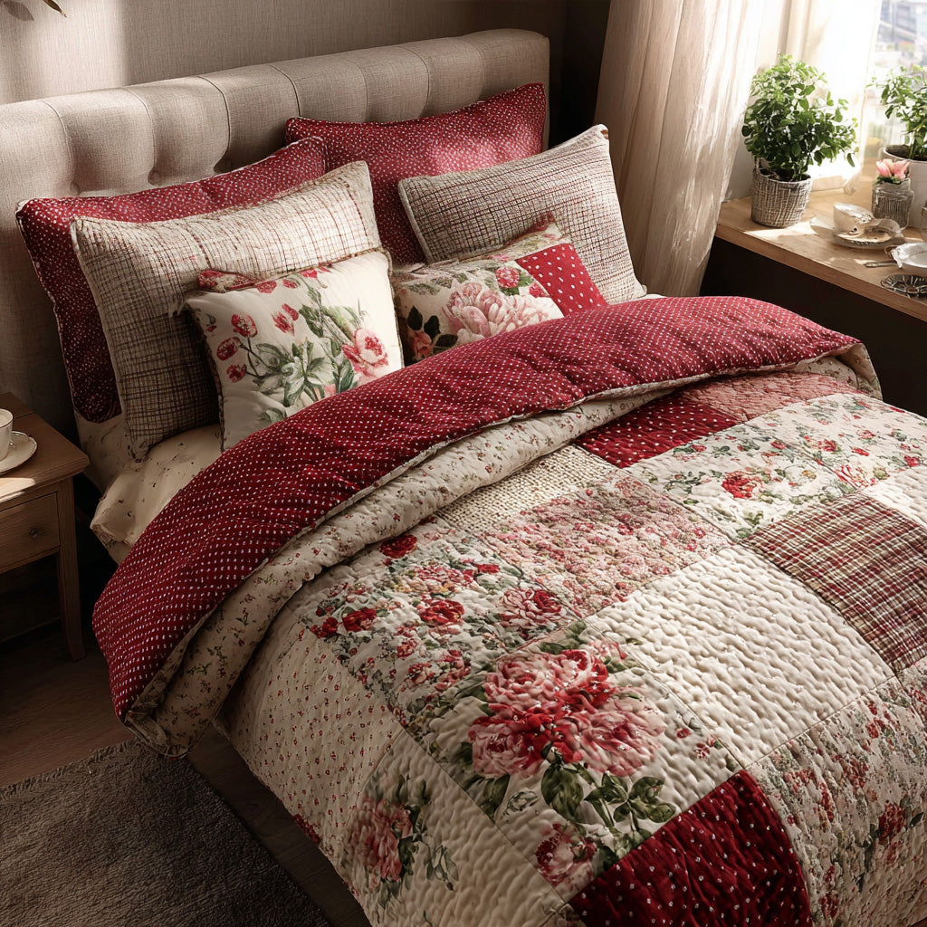 Rosy Cottage Romance Quilted Bedding Set Bedspread Set New Home Gift