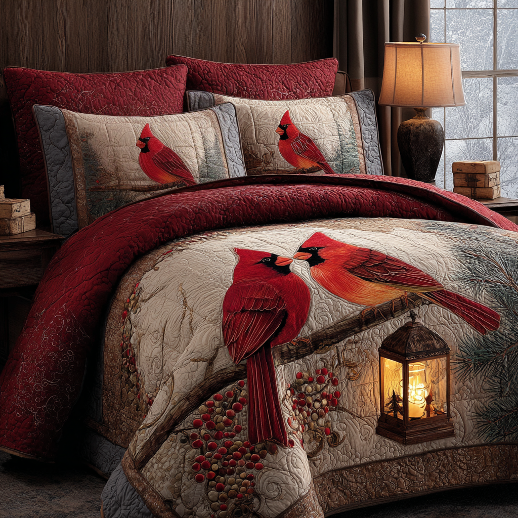 Rustic Cardinals 3-Piece Quilted Bedding Set Quilted Bedspread Christmas Gift For Her