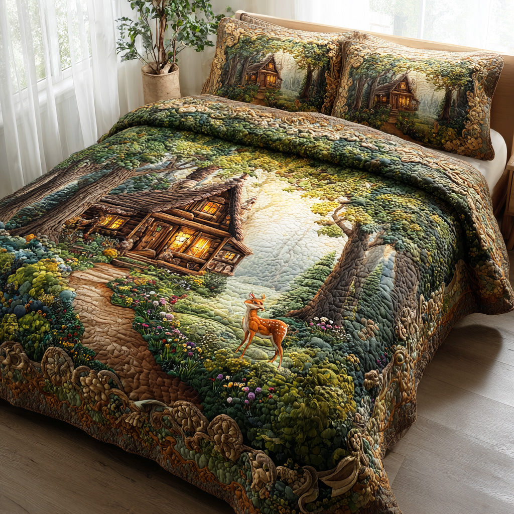 Rustic Evergreen Path Quilted Bedding Set Quilted Bedspread New Home Gift