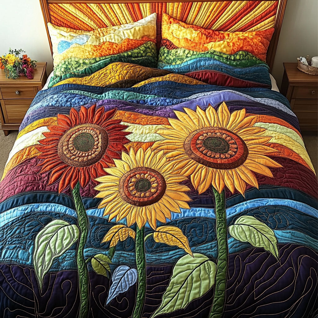 Rustic Sunlight Symphony 3-Piece Quilted Bedding Set Lightweight Quilt Set Nature Lover Gift Fall Decor Gift
