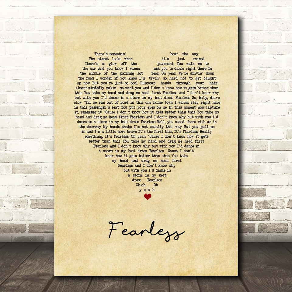 Fearless Canvas Wall Art With Song Lyrics, Vintage Heart Song Lyric Music Canvas, Gift For Swifties