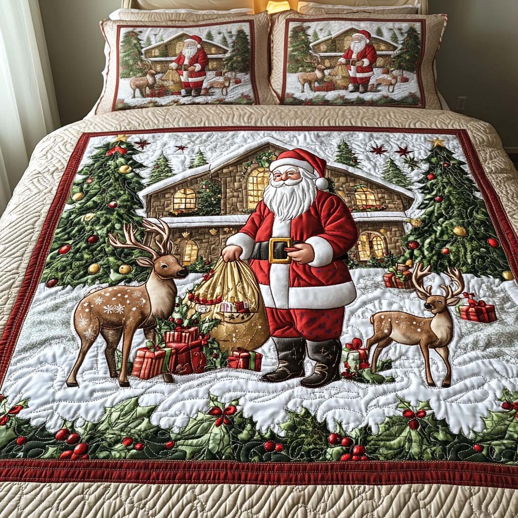 Santa Arrival Quilted Bedding Set Quilted Bedspread Christmas Gift For Her