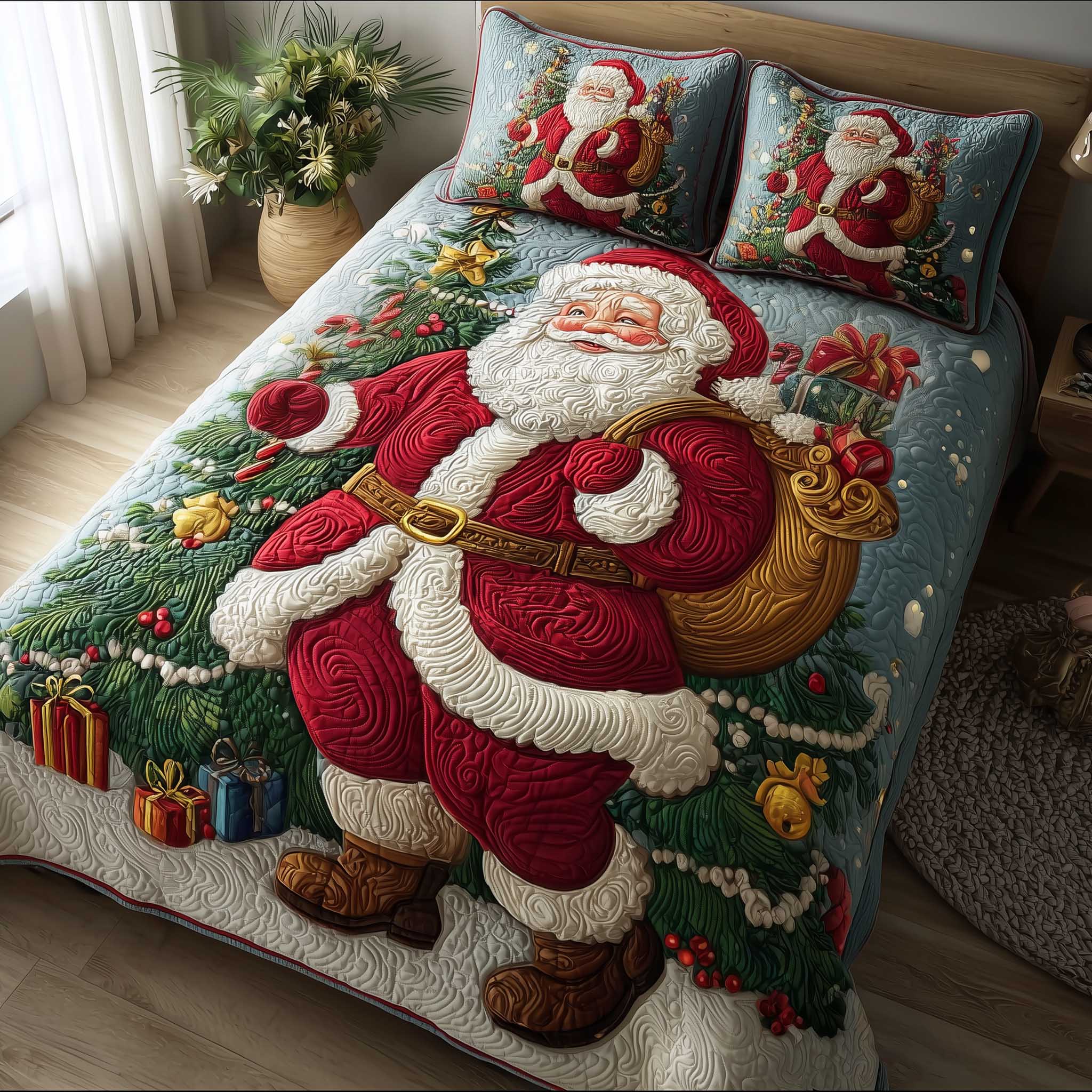 Santa Cozy Dreams Quilted Bedding Set Quilted Bedspread Christmas Gift For Her