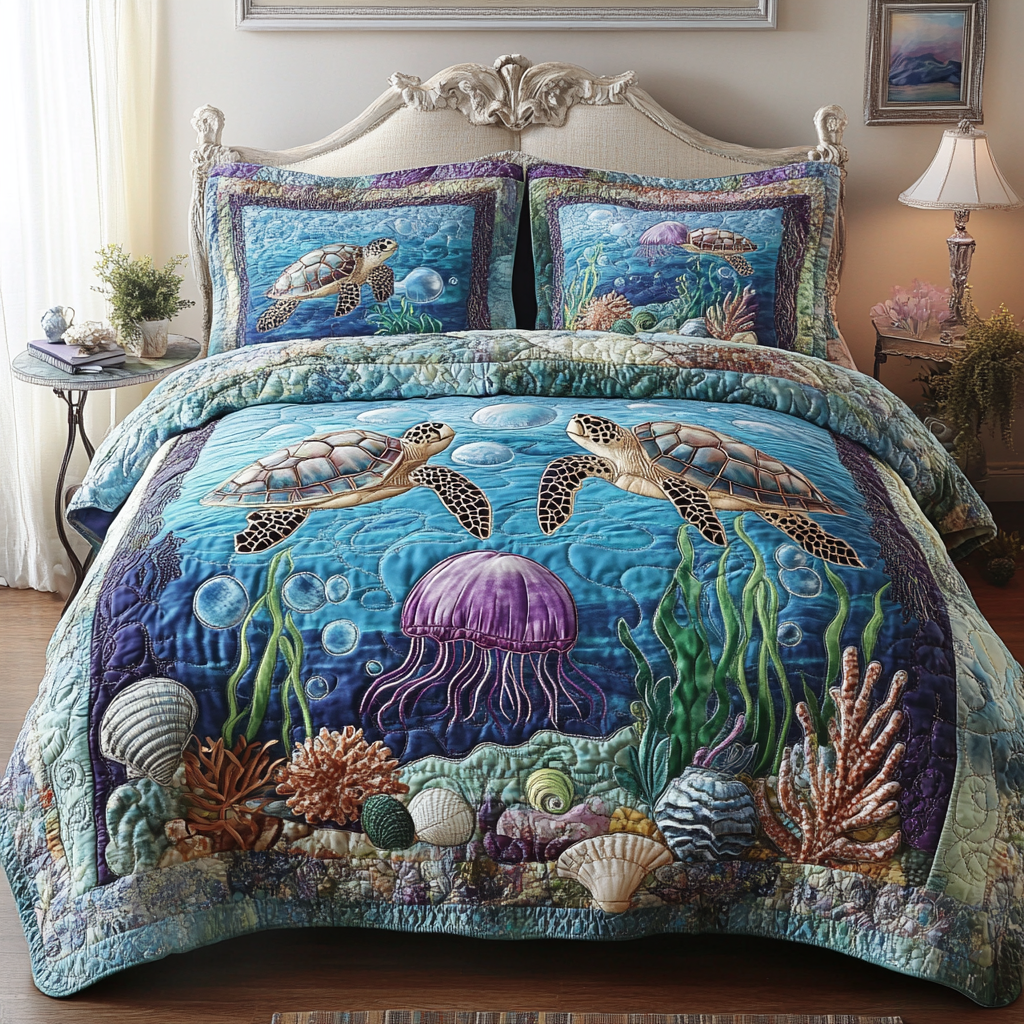 Sea Stroll Quilted Bedding Set Quilted Bedspread Thanksgiving Gift