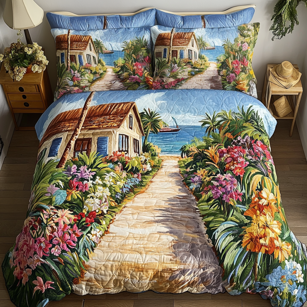 Seaside Garden 3-Piece Quilted Bedding Set Lightweight Quilt Set Nature Lover Gift Fall Decor Gift