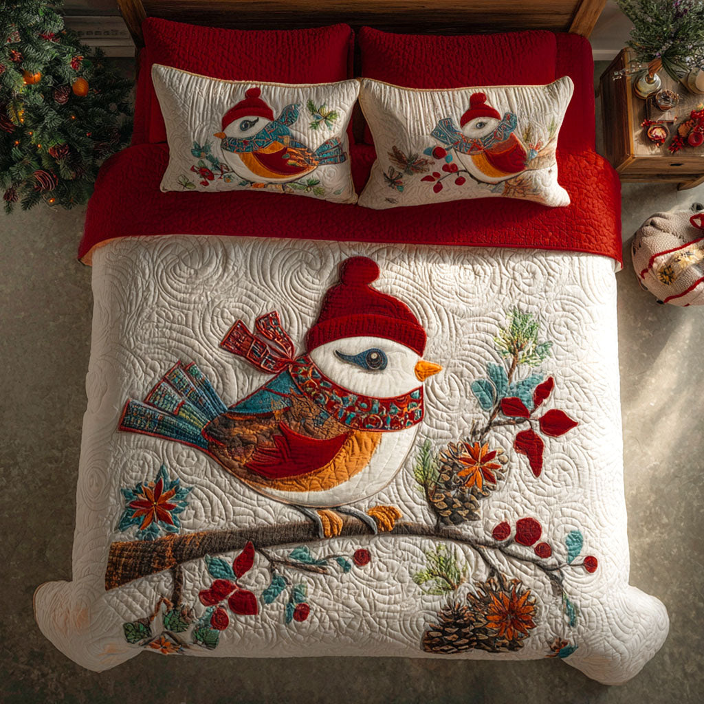 Snowberry Chickadee Quilted Bedding Set Quilted Bedspread Housewarming Gift