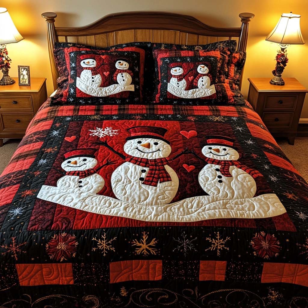 Snowman Family 3-Piece Quilted bedding Set Lightweight Quilt Set Mothers Day Gift