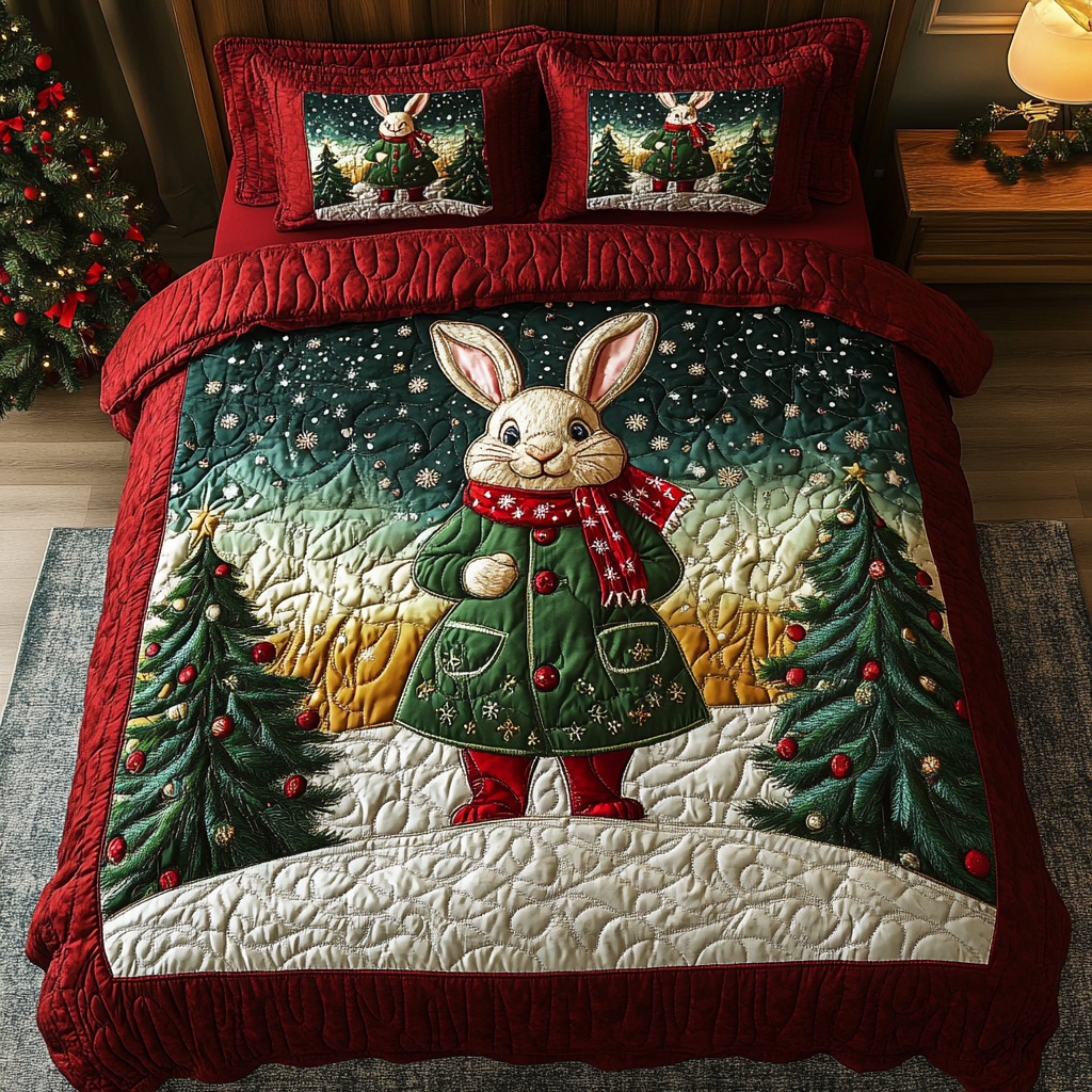 Snowy Bunny Delight 3-Piece Quilted Bedding Set Lightweight Quilt Set Christmas Gift For Her