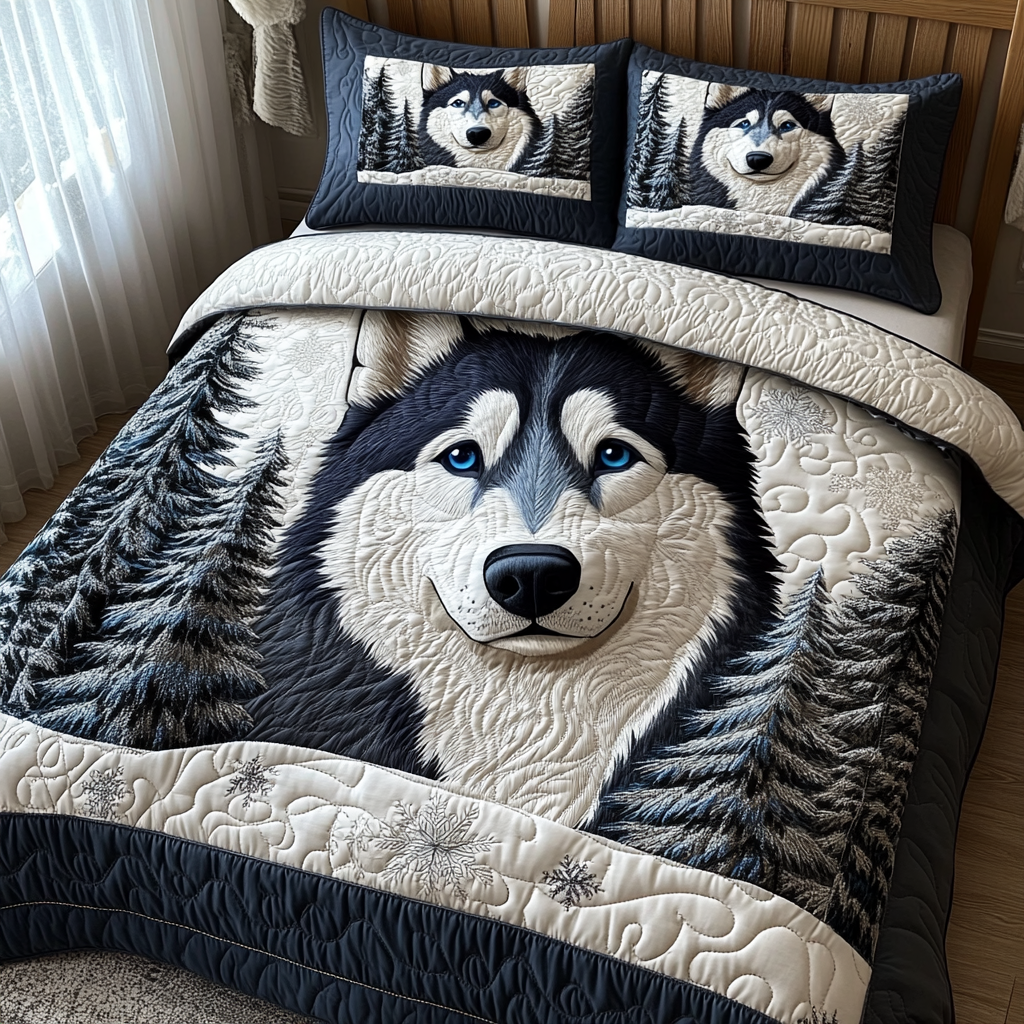 Snowy Husky Quilted Bedding Set Lightweight Quilt Set Christmas Gift For Her