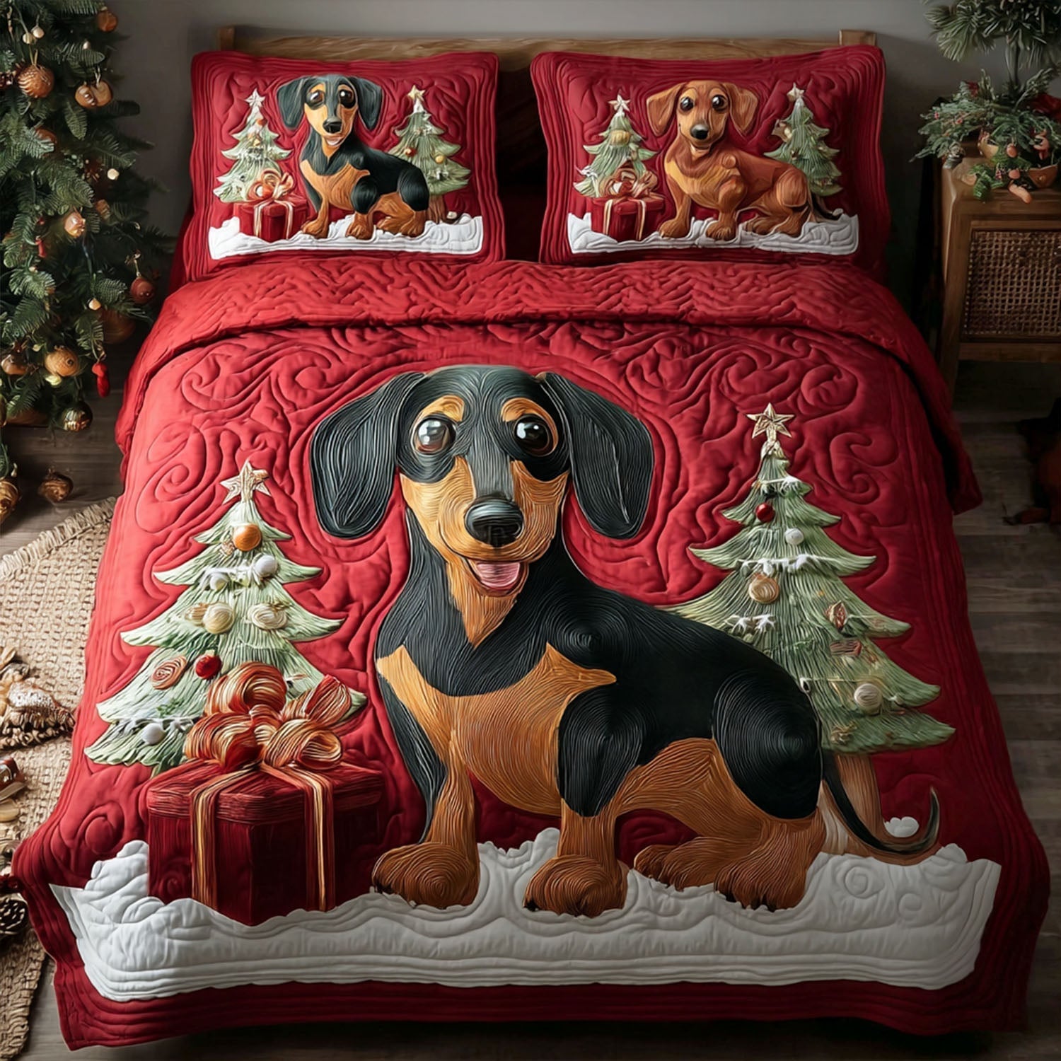 Snowy Sausage Dog Quilted Bedding Set Lightweight Quilt Set Pet Lover Gift Fall Decor Gift