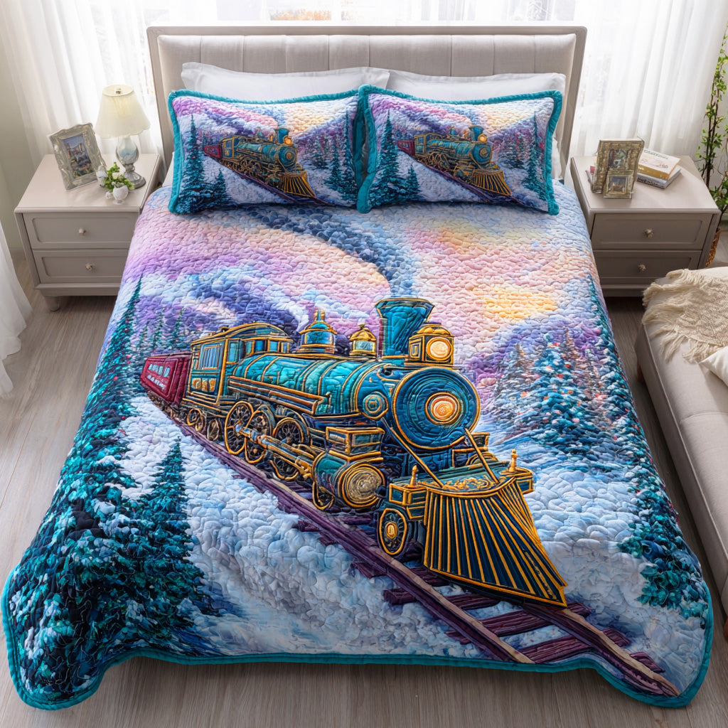 Snowy Steam Ride 3-Piece Quilted Bedding Set Bedspread Set Christmas Gift For Her