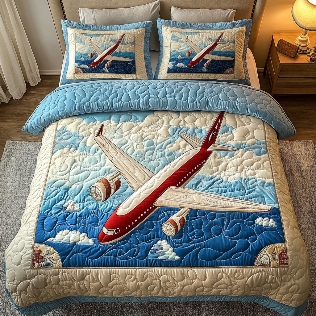 Soaring Airplane 3-Piece Quilted Bedding Set Fall Quilt Sets Mothers Day Gift