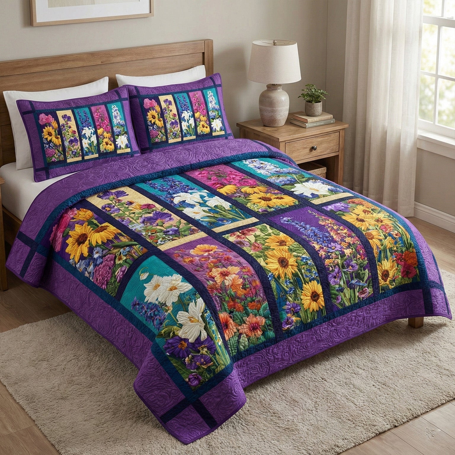 Spring Blossom 3-Piece Quilted Bedding Set Quilted Bedspread Nature Lover Gift Fall Decor Gift