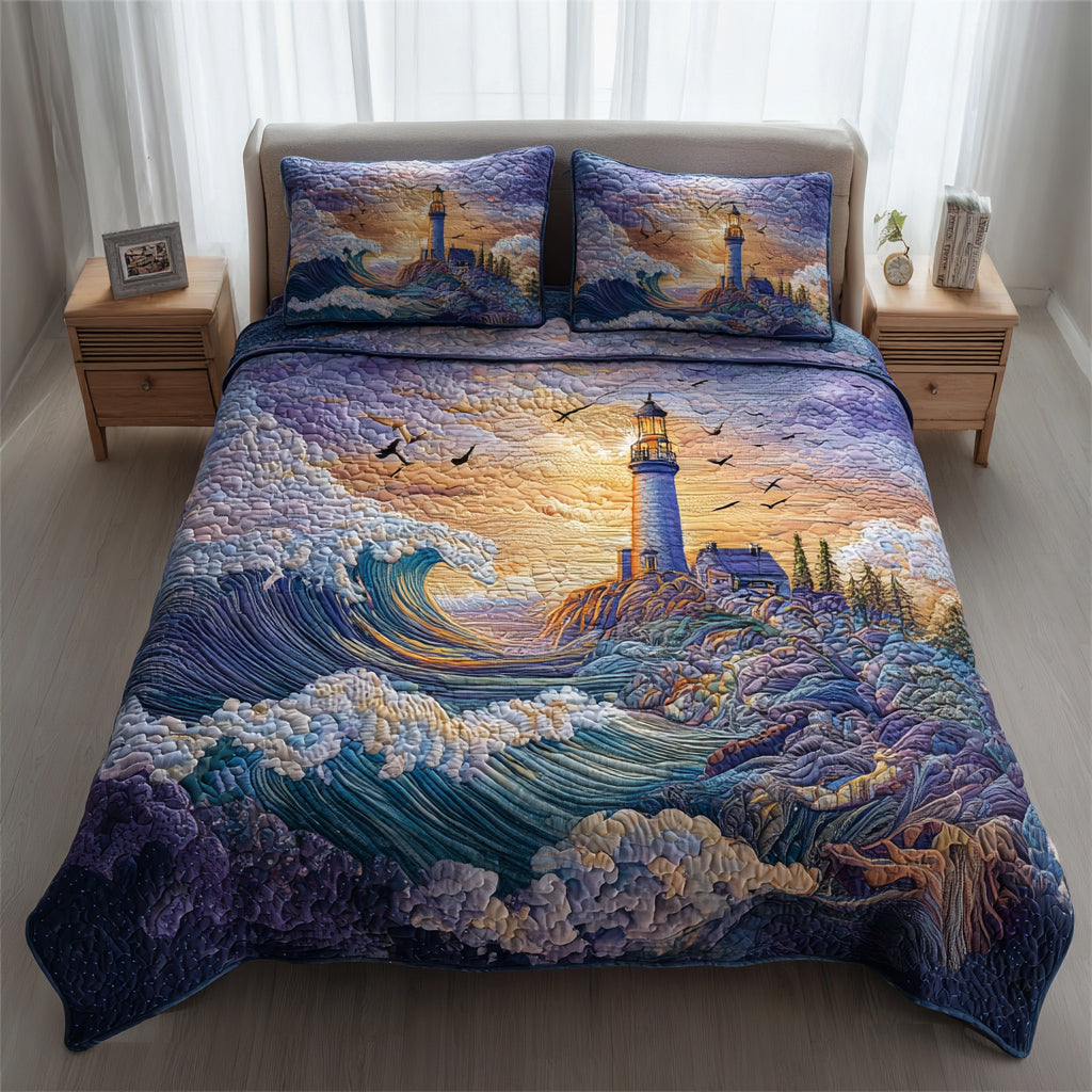 Storm Lighthouse Sunset 3-Piece Quilted Bedding Set Quilted Bedspread Nature Lover Gift Fall Decor Gift
