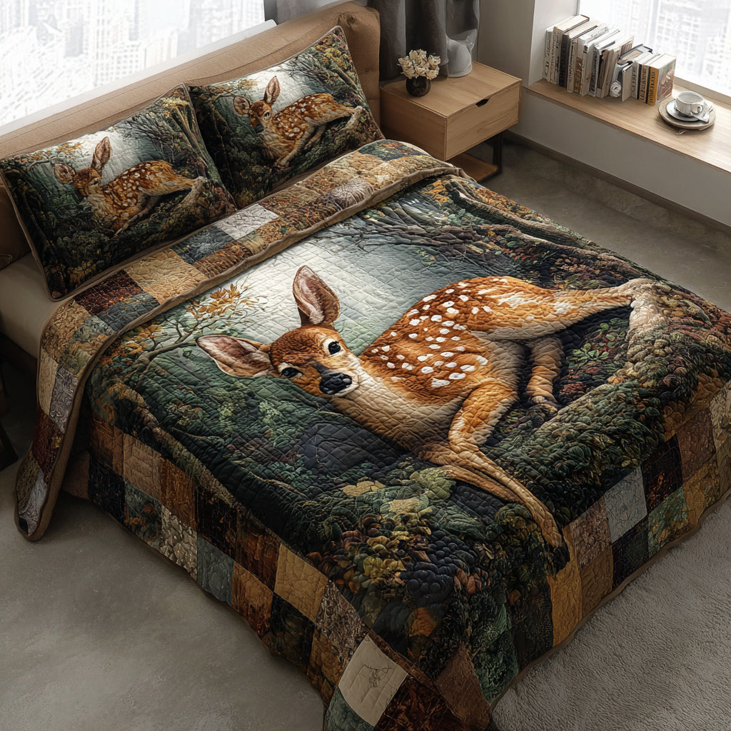 Stump Fawn 3-Piece Quilted Bedding Set Fall Quilt Sets Mothers Day Gift