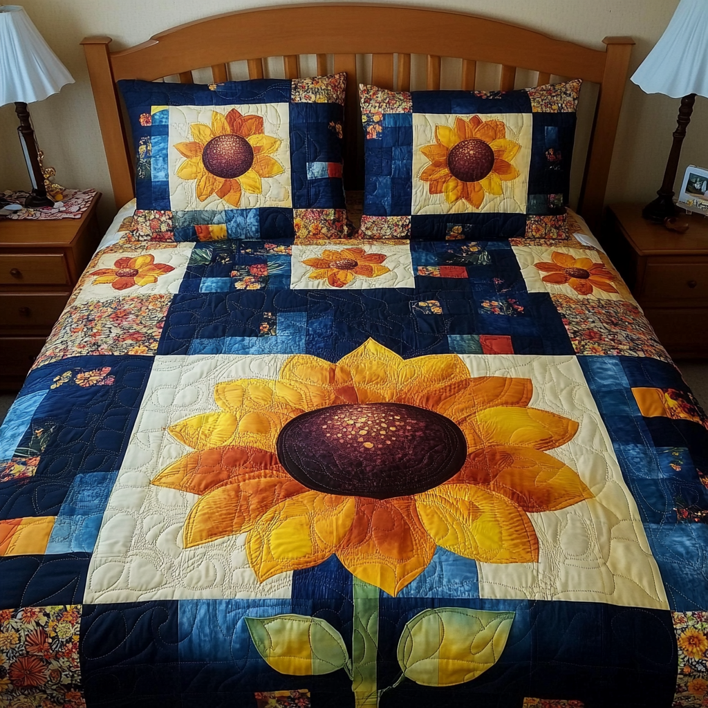 Summer Sunflowers 3-Piece Quilted Bedding Set Bedspread Set Nature Lover Gift Fall Decor Gift