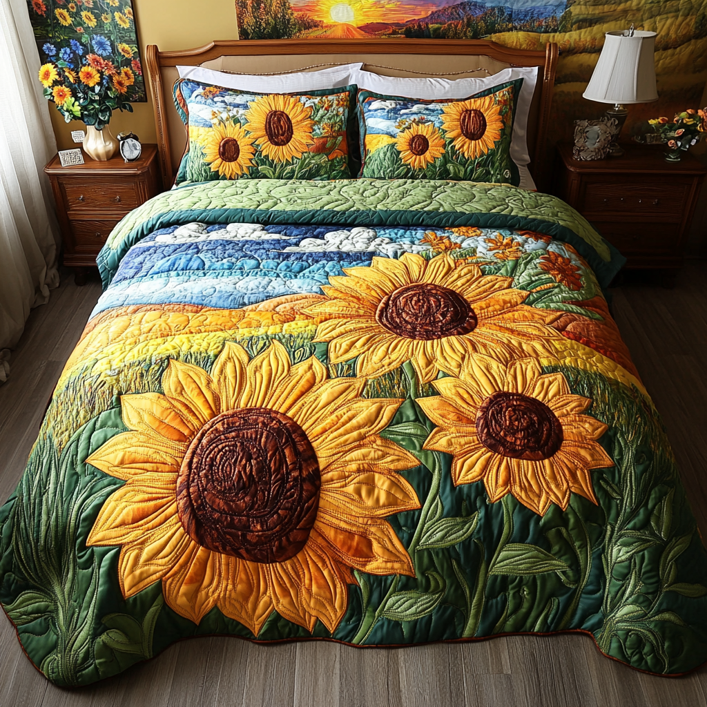 Summer Bloom 3-Piece Quilted Bedding Set Fall Quilt Sets Nature Lover Gift Fall Decor Gift